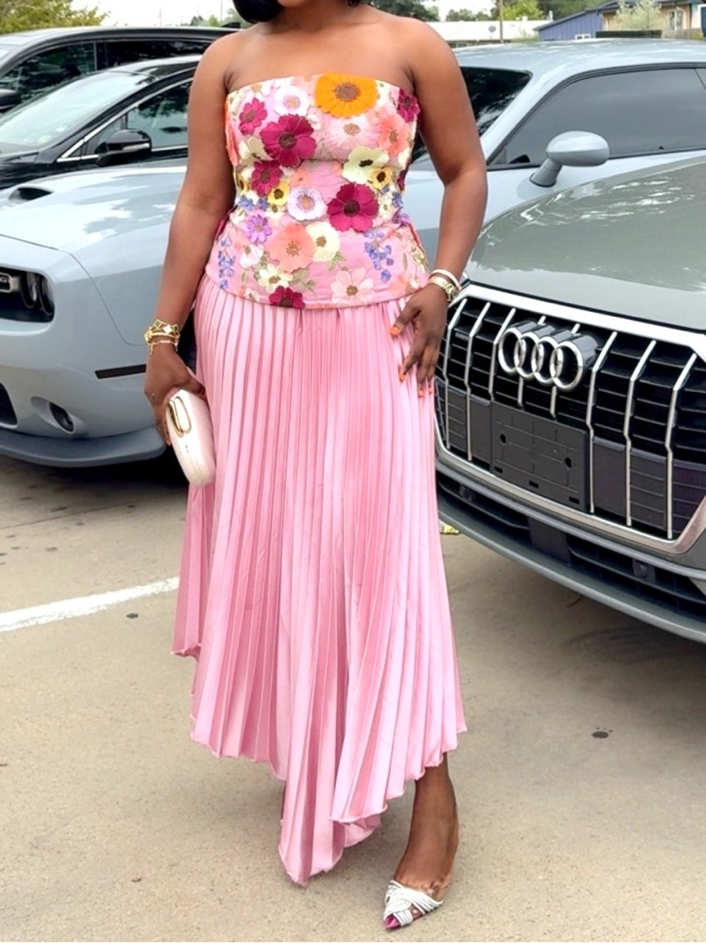 Floral Bustier with Pink Pleated Midi Skirt custom made outfit US 10-12